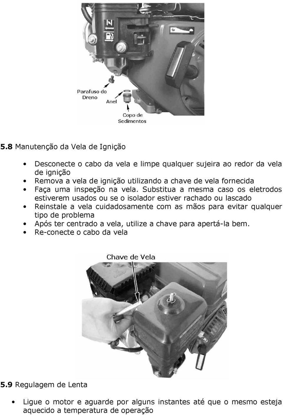 Substitua a mesma caso os eletrodos estiverem usados ou se o isolador estiver rachado ou lascado Reinstale a vela cuidadosamente com as mãos para