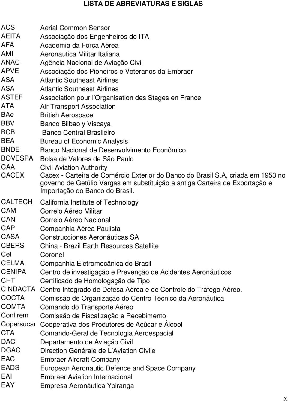 Association BAe British Aerospace BBV Banco Bilbao y Viscaya BCB Banco Central Brasileiro BEA Bureau of Economic Analysis BNDE Banco Nacional de Desenvolvimento Econômico BOVESPA Bolsa de Valores de