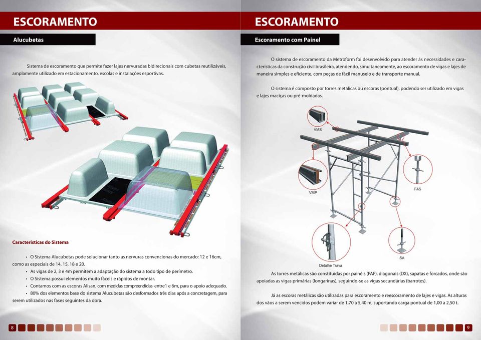 O sistema de escoramento da Metroform foi desenvolvido para atender às necessidades e características da construção civil brasileira, atendendo, simultaneamente, ao escoramento de vigas e lajes de