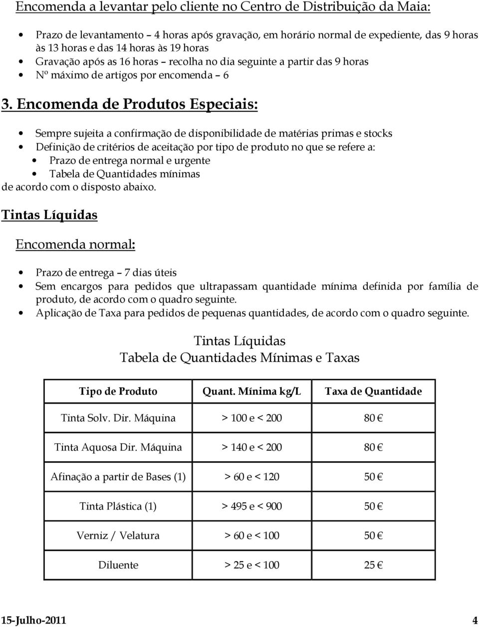 Encomenda de Produtos Especiais: Sempre sujeita a confirmação de disponibilidade de matérias primas e stocks Definição de critérios de aceitação por tipo de produto no que se refere a: Prazo de