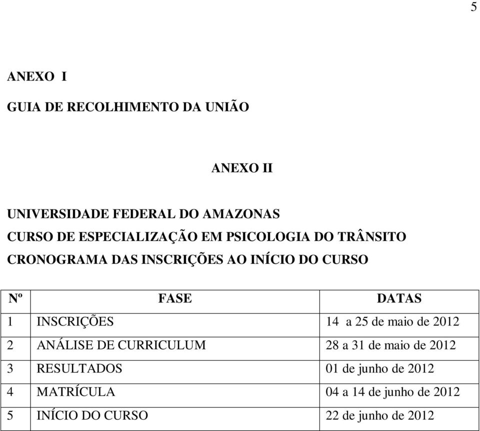 DATAS 1 INSCRIÇÕES 14 a 25 de maio de 2012 2 ANÁLISE DE CURRICULUM 28 a 31 de maio de 2012 3