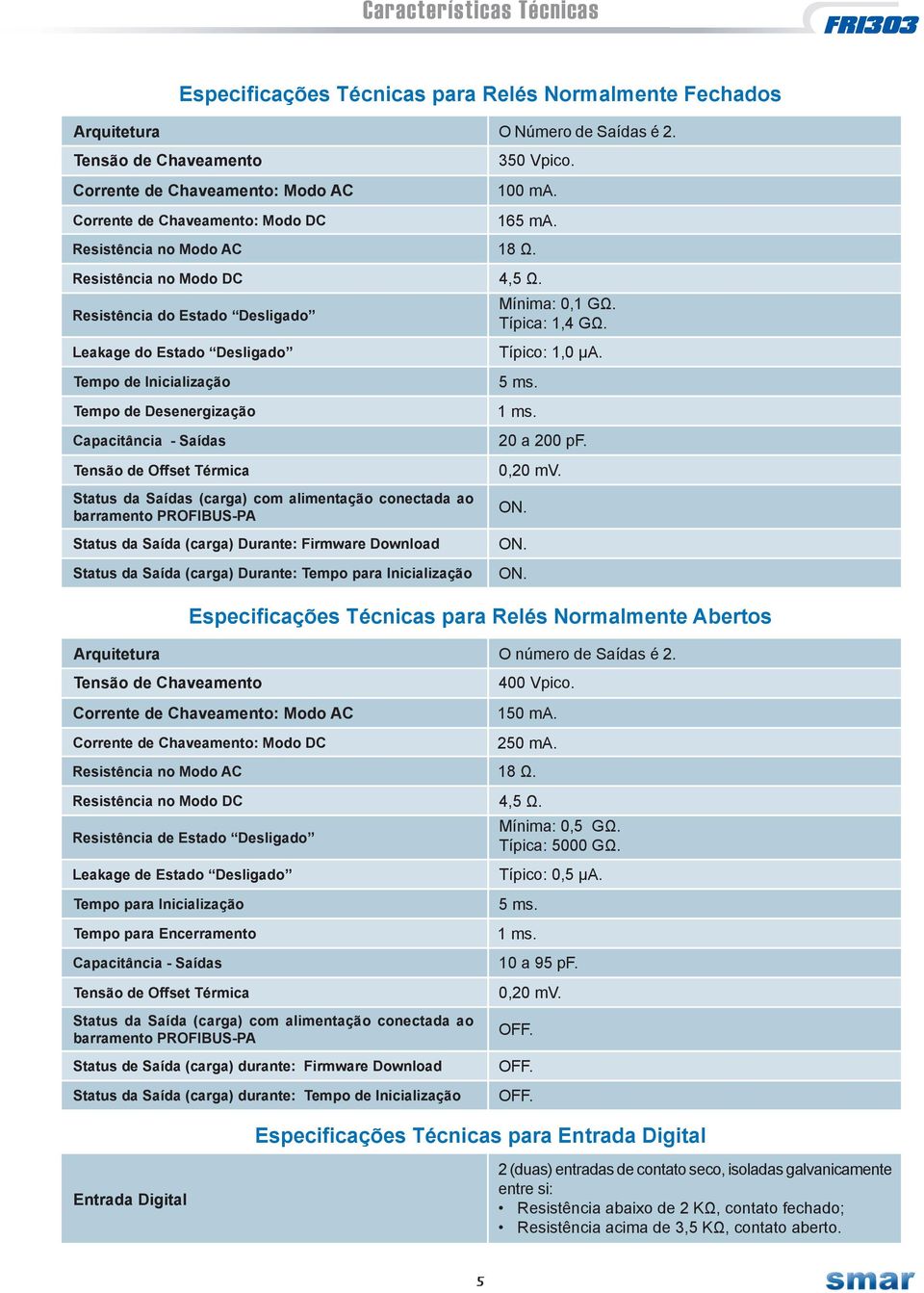 Resistência do Estado Desligado Leakage do Estado Desligado Tempo de Inicialização Tempo de Desenergização Capacitância - Saídas Tensão de Offset Térmica Status da Saídas (carga) com alimentação