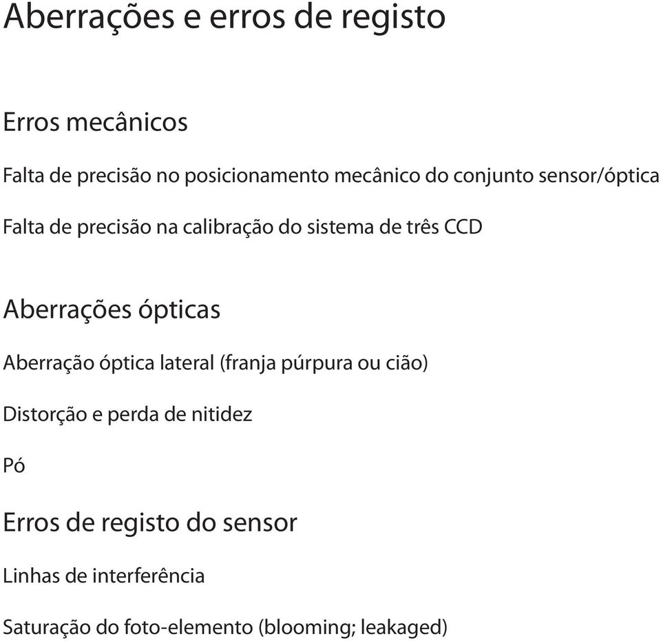 ópticas Aberração óptica lateral (franja púrpura ou cião) Distorção e perda de nitidez Pó