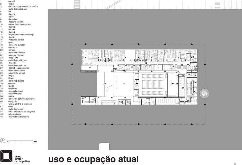 sala de reunião aup 25 - napplac 26 - sala de reunião aut 27 - labaut - equipamentos 28 - videofau estúdios 29 - circulação vertcal 30 - copa 31 - fosso 32 - sala de projeção 33 - platéia 34 - palco