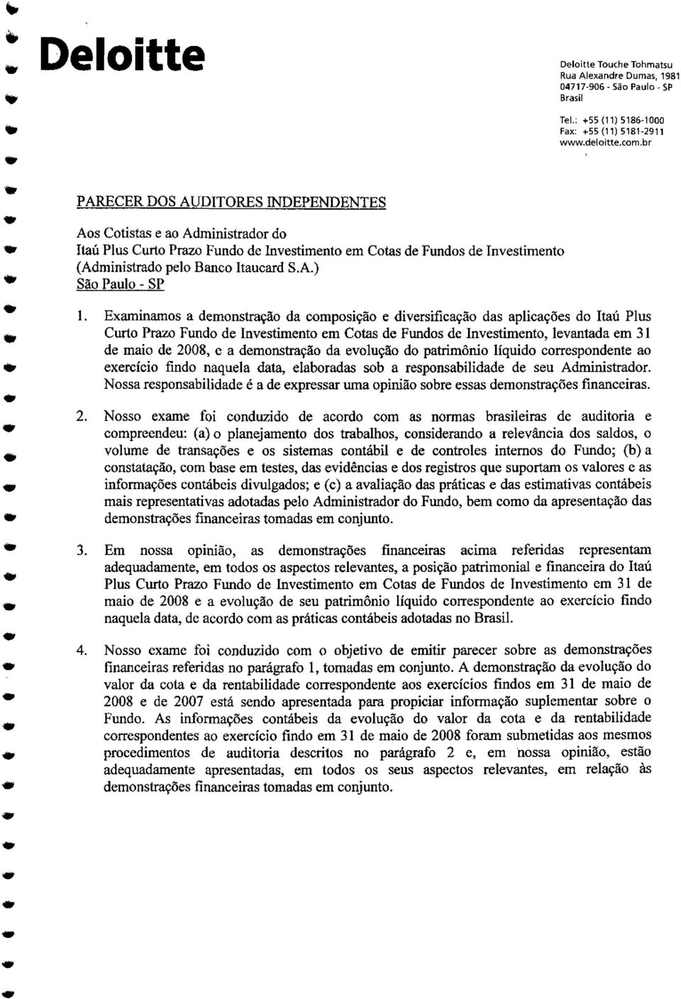 Examinamos a d?emonstraç?ão da composição e diversifica?ção das aplicaç?ões do Ita?ú?Plus Curto Pra?zo Fundo de Investimento em Cotas de Fundos de Investimento?,?leva?ntada em 31 de maio de 2008?,?e a demonstraç?