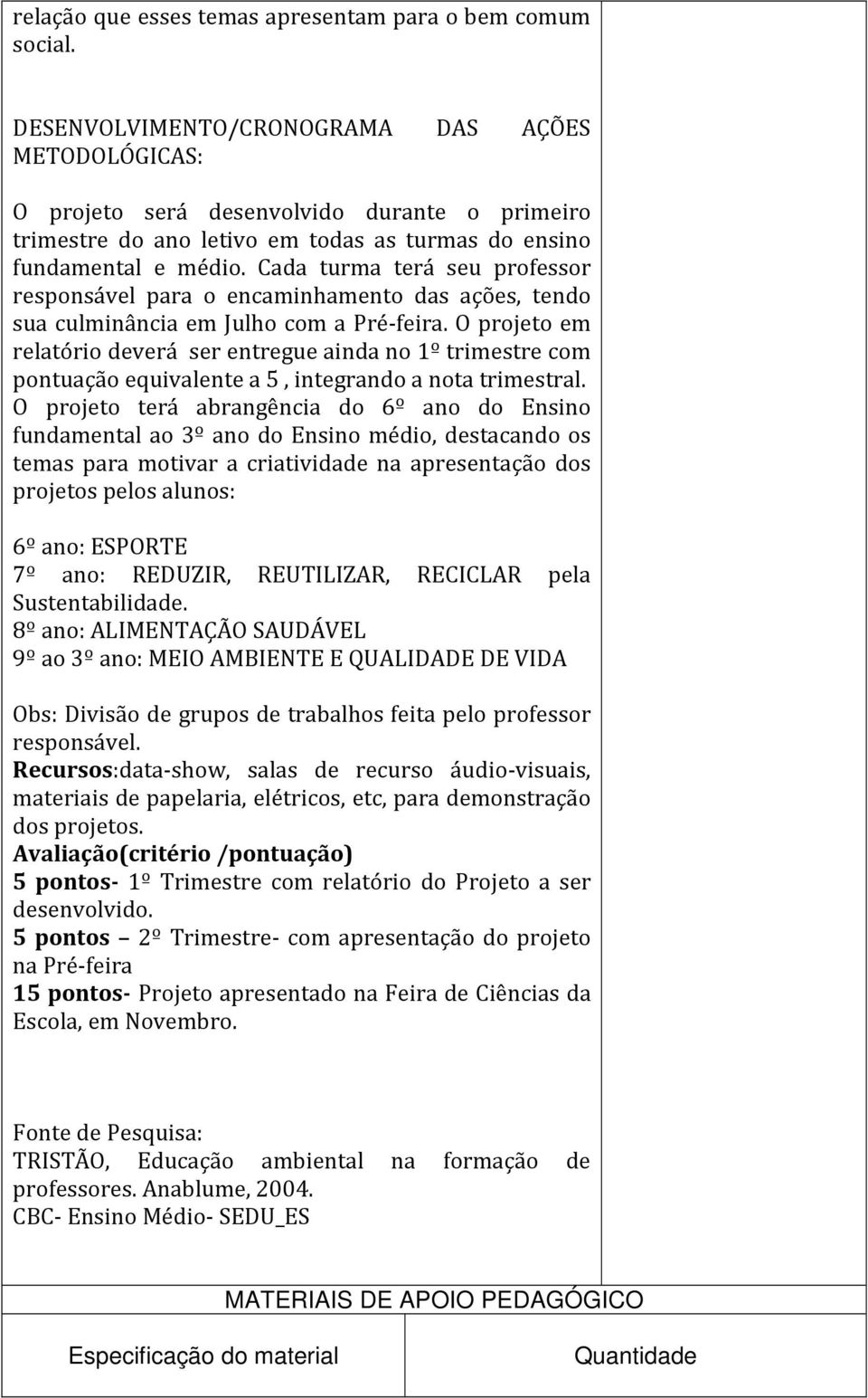 Cada turma terá seu professor responsável para o encaminhamento das ações, tendo sua culminância em Julho com a Pré-feira.