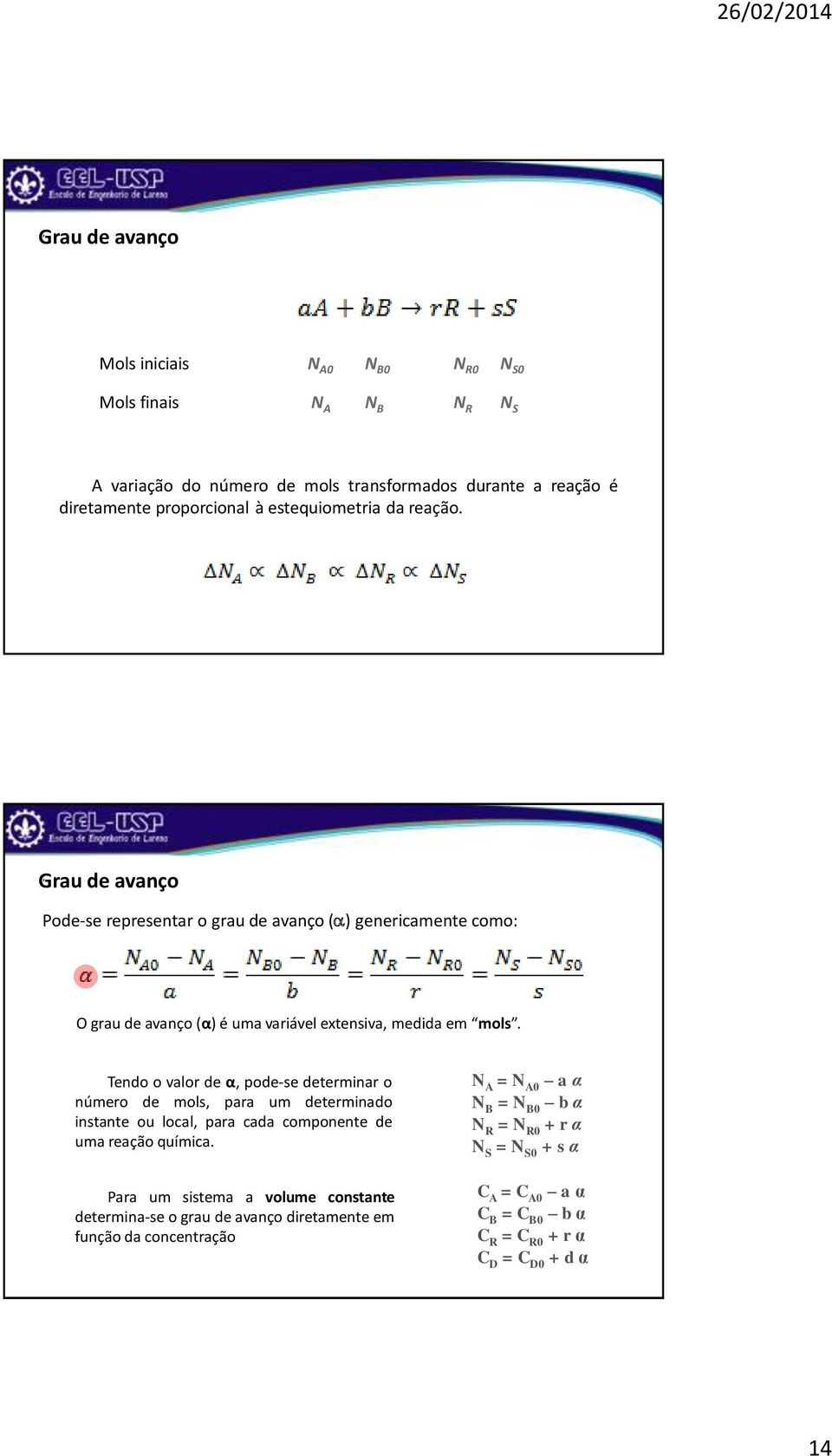 Tendo o valor de α, pode-se determinar o número de mols, para um determinado instante ou local, para cada componente de uma reação química.