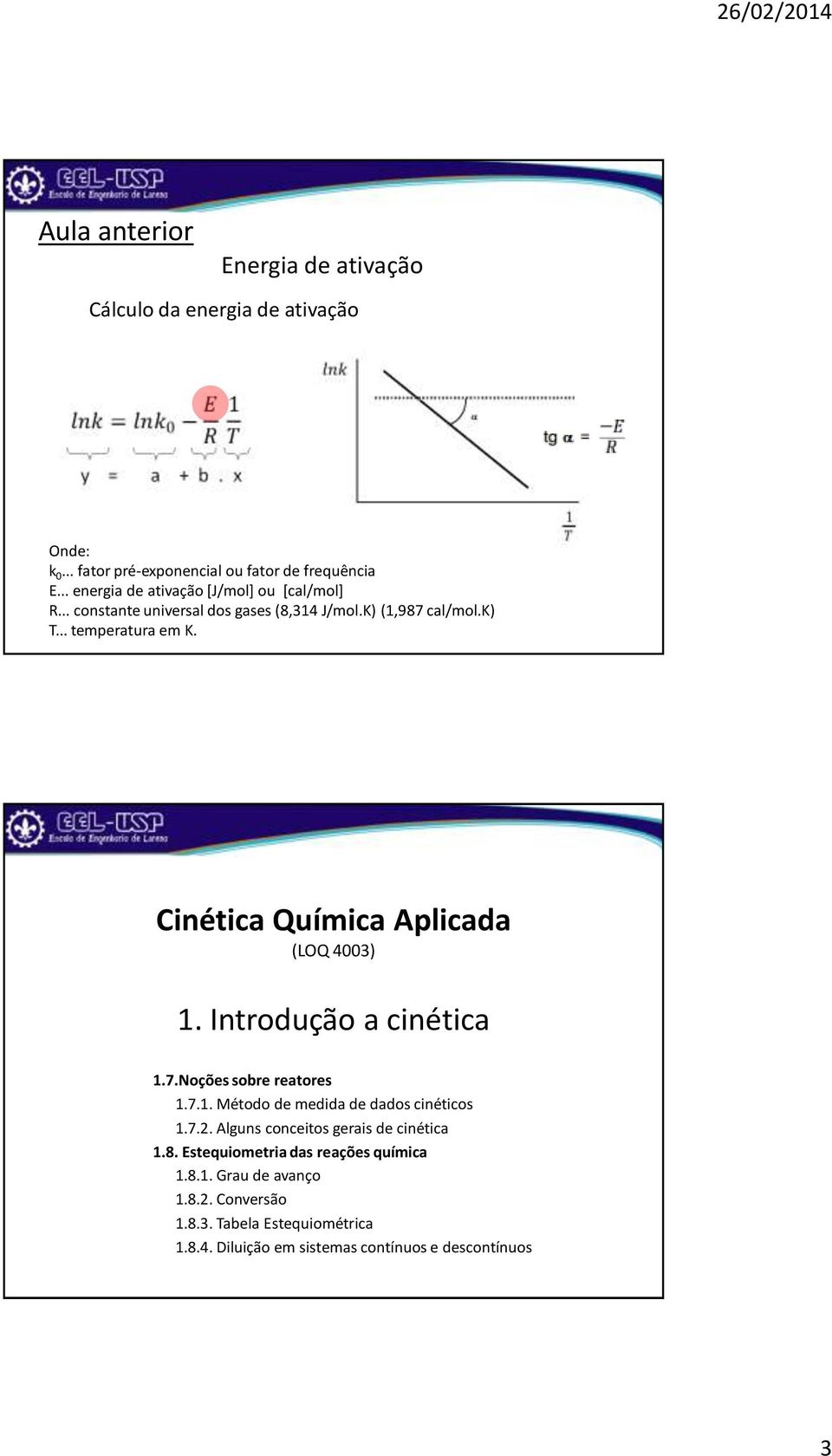 Cinética Química Aplicada (LOQ 4003) 1. Introdução a cinética 1.7.oções sobre reatores 1.7.1. Método de medida de dados cinéticos 1.7.2.