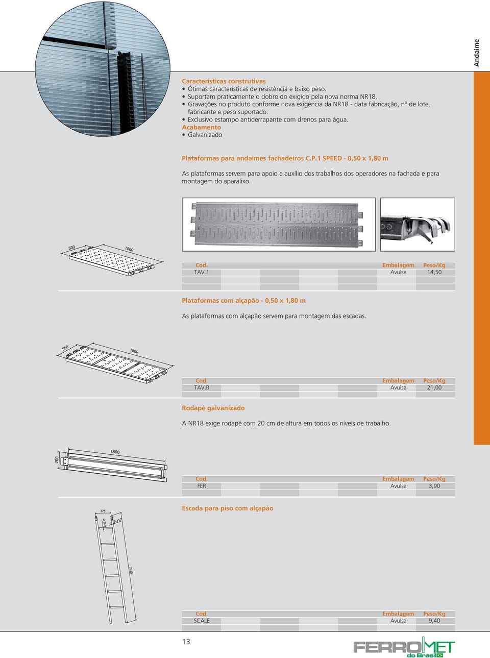 Acabamento Galvanizado Plataformas para andaimes fachadeiros C.P.1 SPEED - 0,50 x 1,80 m As plataformas servem para apoio e auxílio dos trabalhos dos operadores na fachada e para montagem do aparalixo.