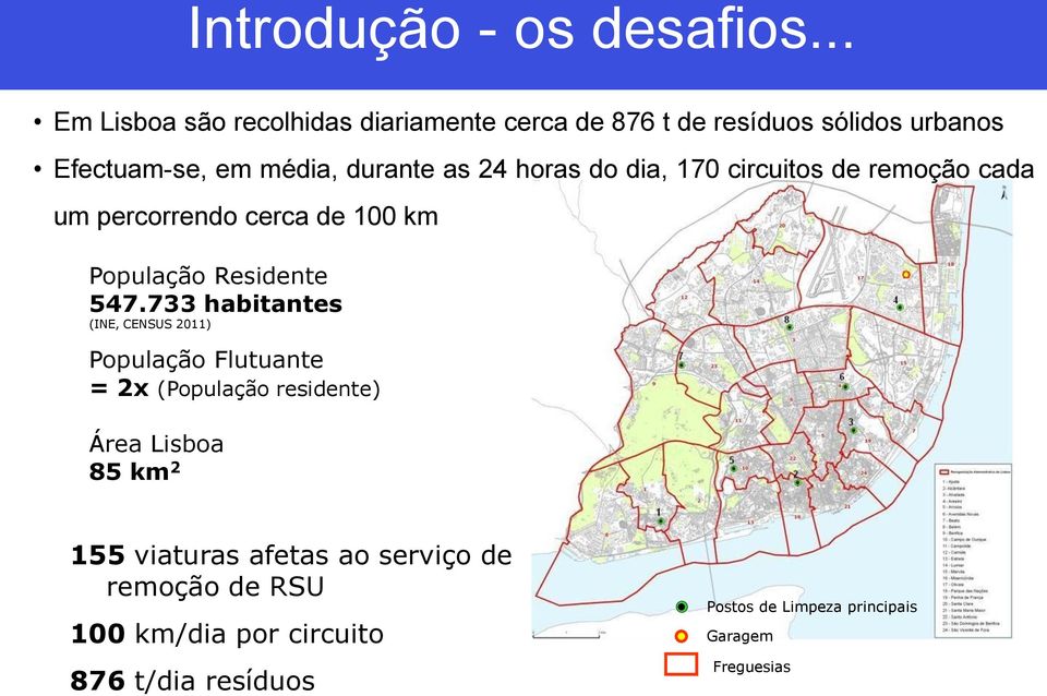 horas do dia, 170 circuitos de remoção cada um percorrendo cerca de 100 km População Residente 547.