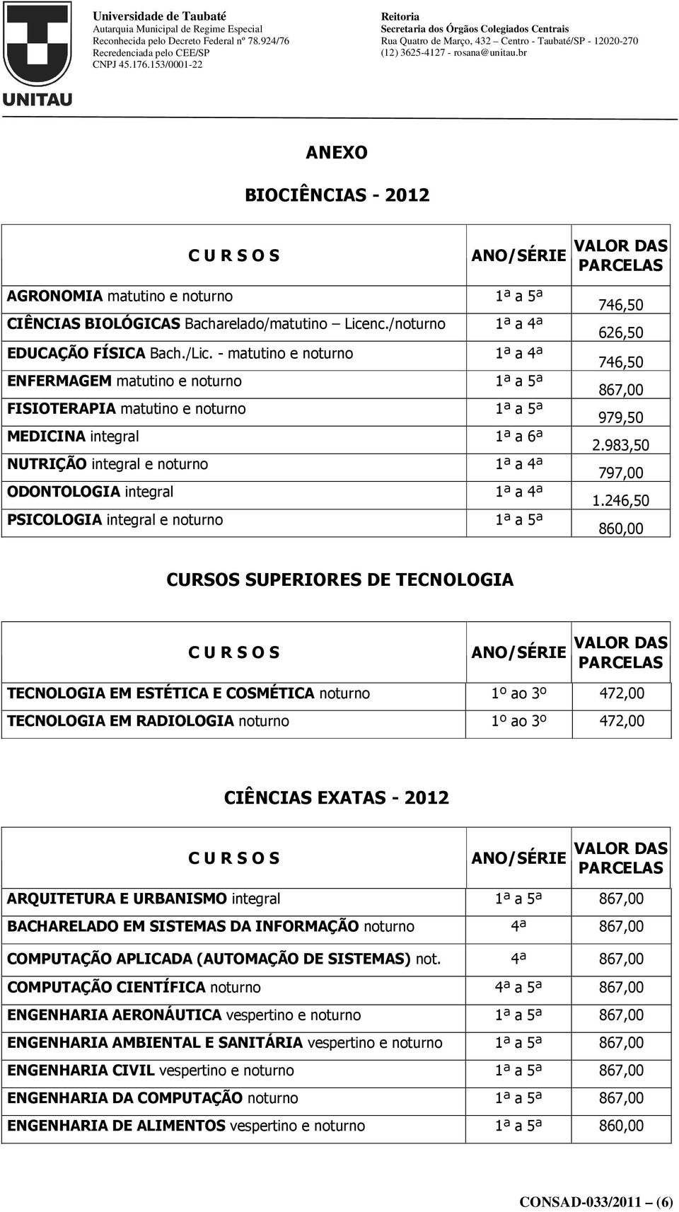 PSICOLOGIA integral e noturno 1ª a 5ª 746,50 626,50 746,50 867,00 979,50 2.983,50 797,00 1.