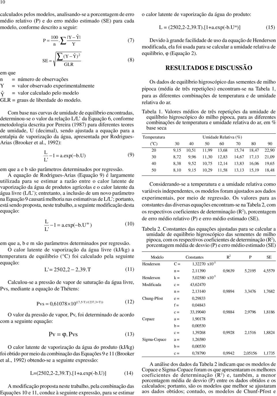 Com base nas curvas de umidade de equilíbrio encontradas, determinou-se o valor da relação / da Equação 6, conforme metodologia descrita por Pereira (1987) para diferentes teores de umidade, U