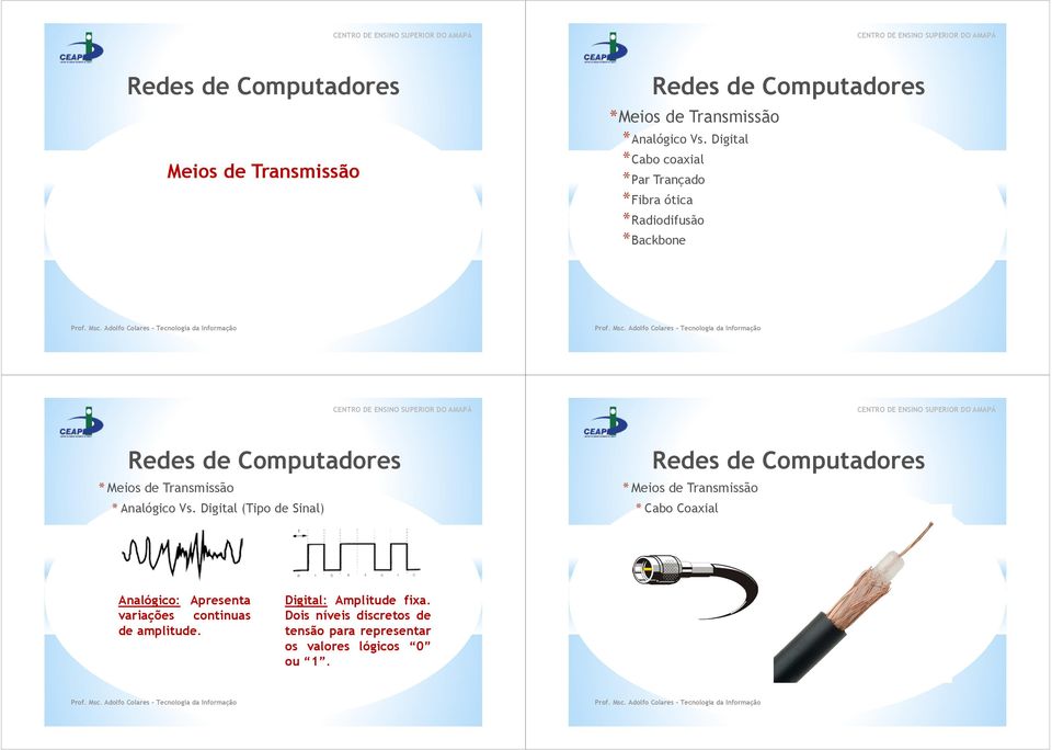 Vs. Digital (Tipo de Sinal) * Cabo Coaxial Analógico: Apresenta variações continuas