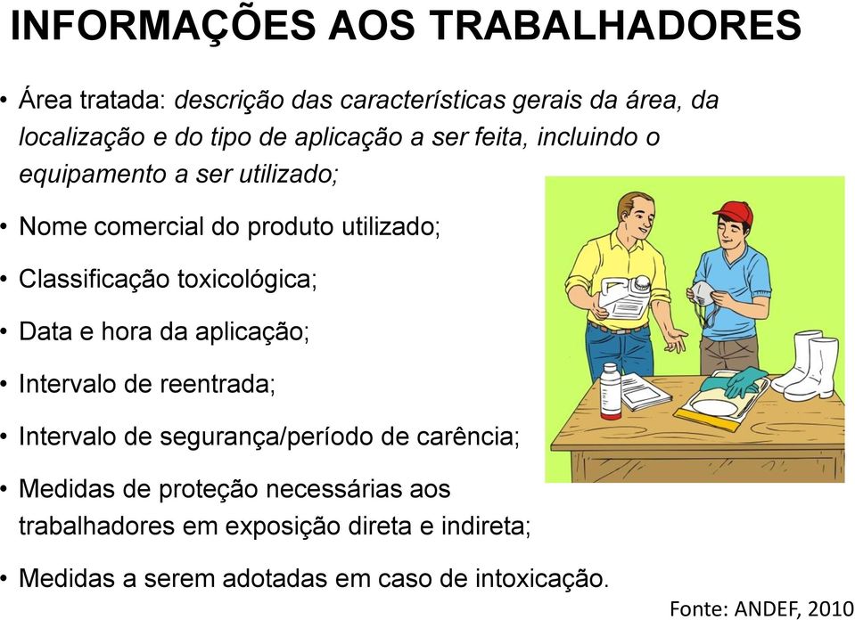 toxicológica; Data e hora da aplicação; Intervalo de reentrada; Intervalo de segurança/período de carência; Medidas de