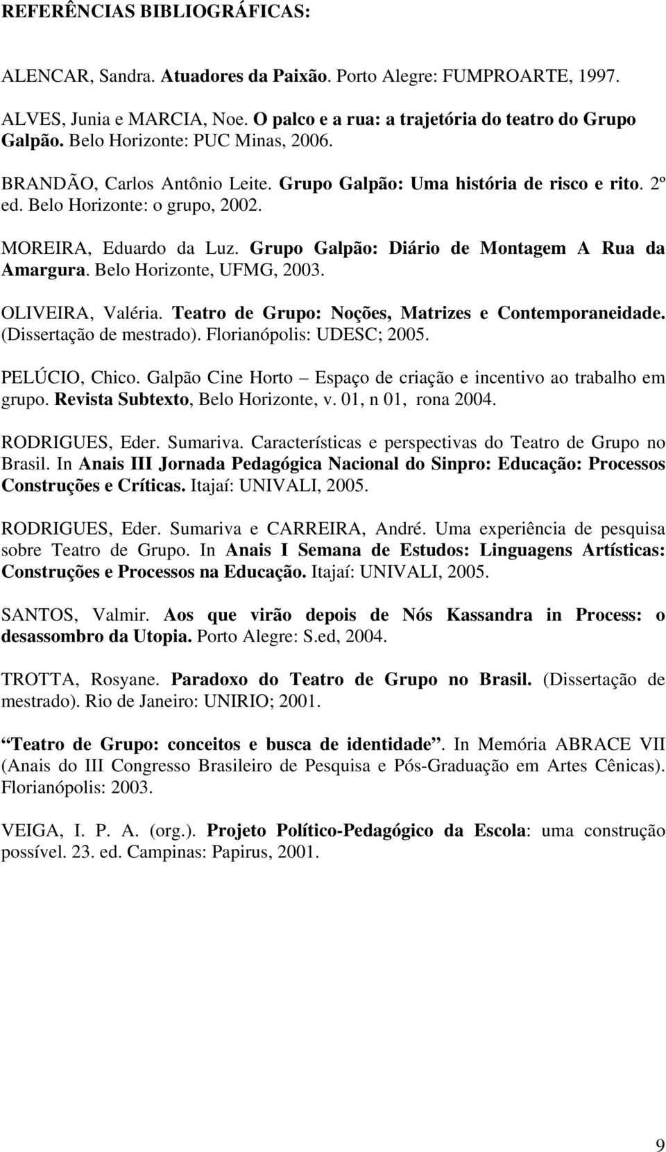 Grupo Galpão: Diário de Montagem A Rua da Amargura. Belo Horizonte, UFMG, 2003. OLIVEIRA, Valéria. Teatro de Grupo: Noções, Matrizes e Contemporaneidade. (Dissertação de mestrado).