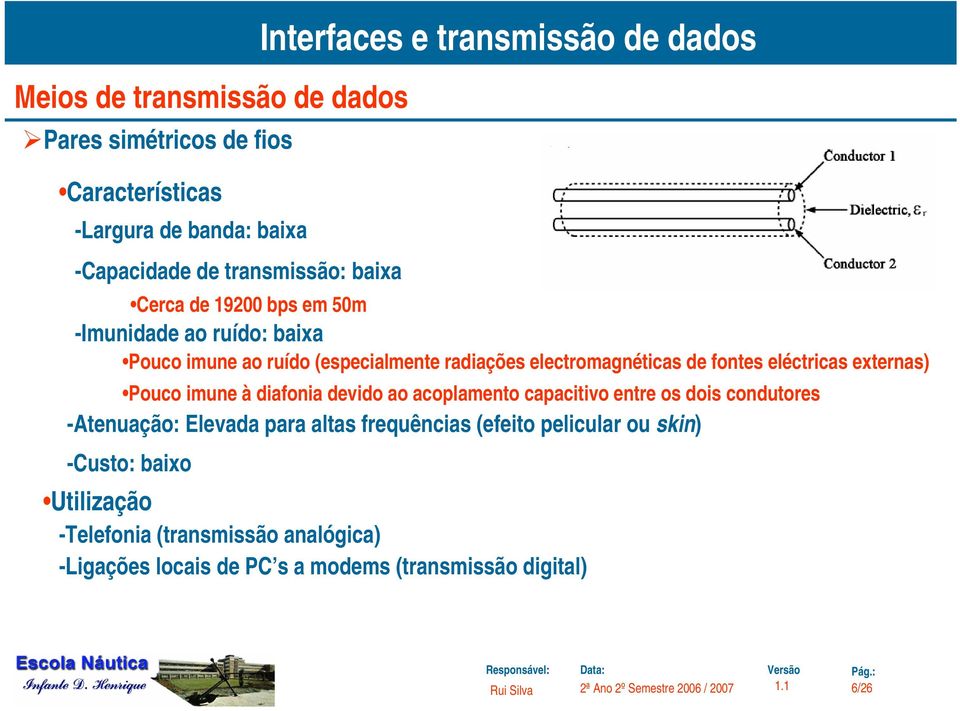 imune à diafonia devido ao acoplamento capacitivo entre os dois condutores -Atenuação: Elevada para altas frequências (efeito