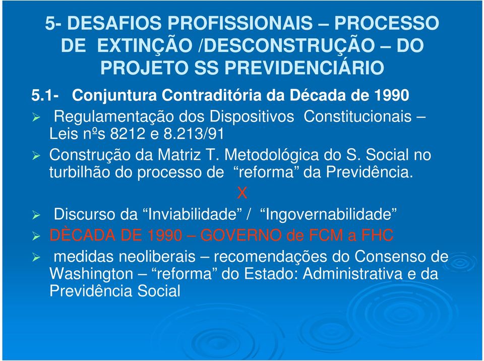 213/91 Construção da Matriz T. Metodológica do S. Social no turbilhão do processo de reforma da Previdência.