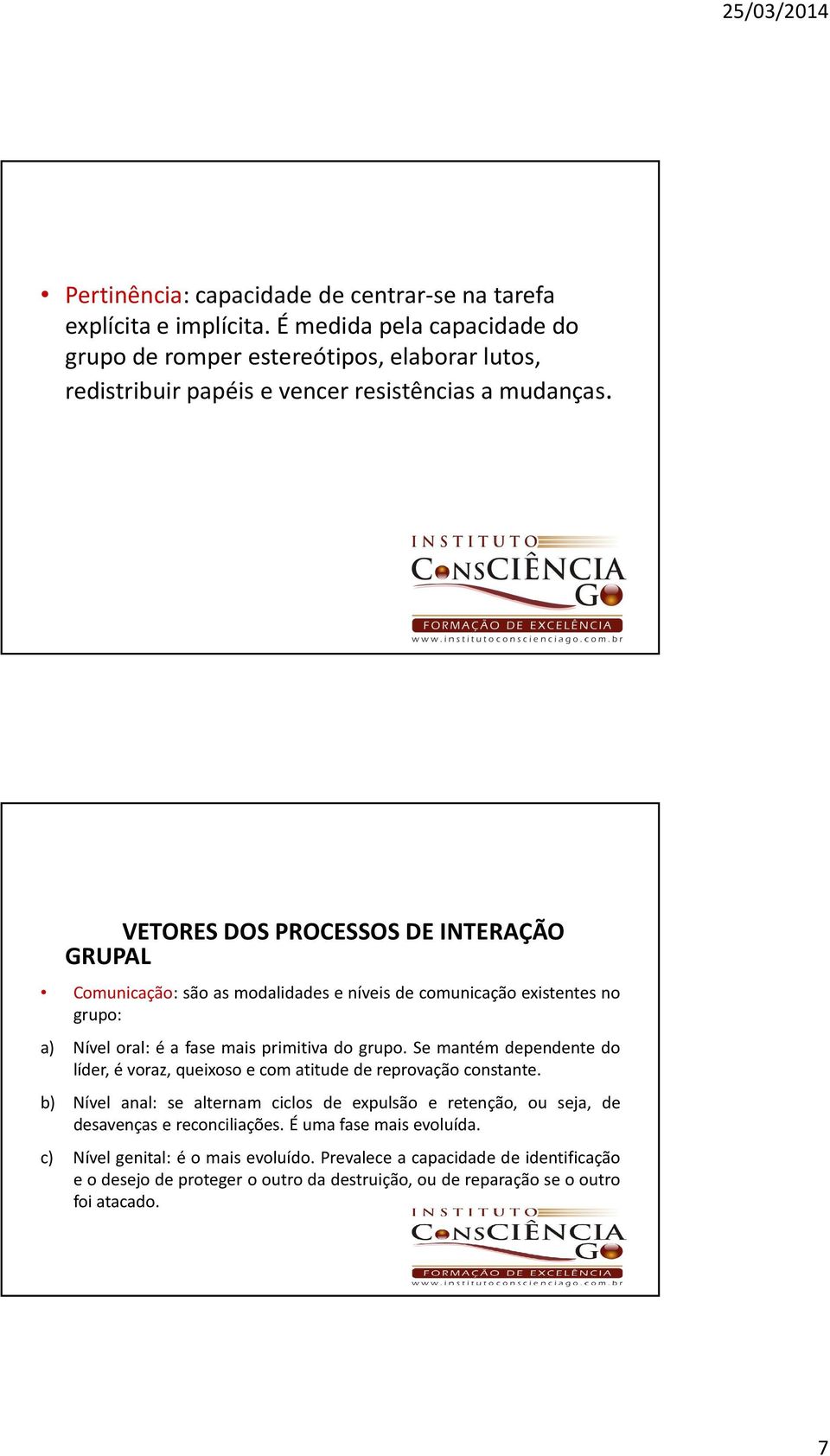 VETORES DOS PROCESSOS DE INTERAÇÃO GRUPAL Comunicação: são as modalidades e níveis de comunicação existentes no grupo: a) Nível oral: é a fase mais primitiva do grupo.