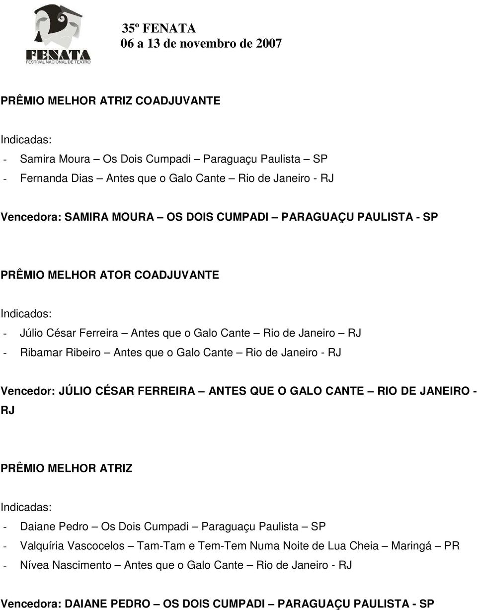 Janeiro - RJ Vencedor: JÚLIO CÉSAR FERREIRA ANTES QUE O GALO CANTE RIO DE JANEIRO - RJ PRÊMIO MELHOR ATRIZ Indicadas: - Daiane Pedro Os Dois Cumpadi Paraguaçu Paulista SP - Valquíria