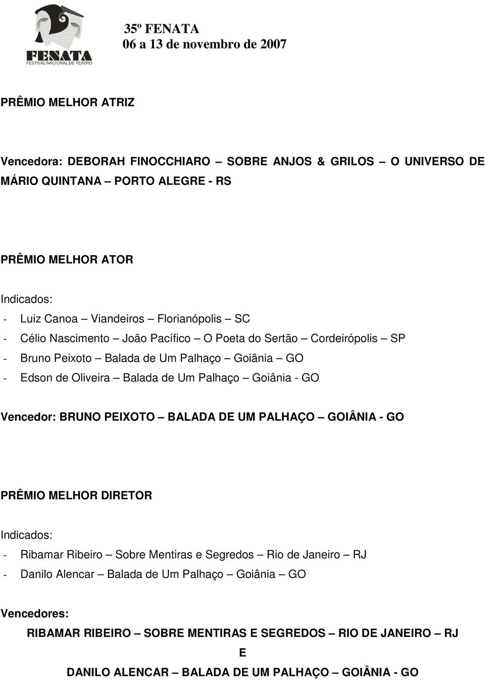 Palhaço Goiânia - GO Vencedor: BRUNO PEIXOTO BALADA DE UM PALHAÇO GOIÂNIA - GO PRÊMIO MELHOR DIRETOR - Ribamar Ribeiro Sobre Mentiras e Segredos Rio de Janeiro RJ -