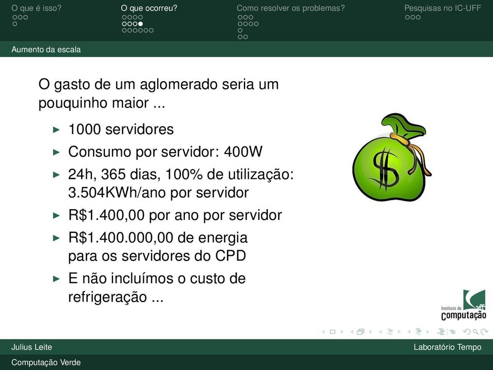 utilização: 3.504KWh/ano por servidor R$1.400,00 por ano por servidor R$1.