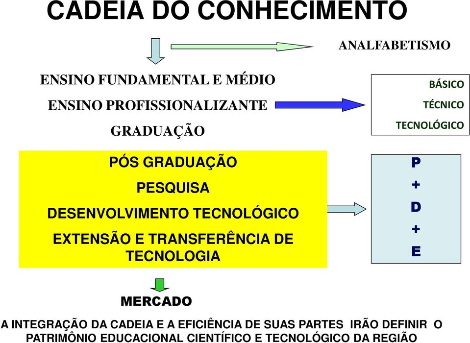 TECNOLOGIA BÁSICO TÉCNICO TECNOLÓGICO P + D + E MERCADO A INTEGRAÇÃO DA CADEIA E A