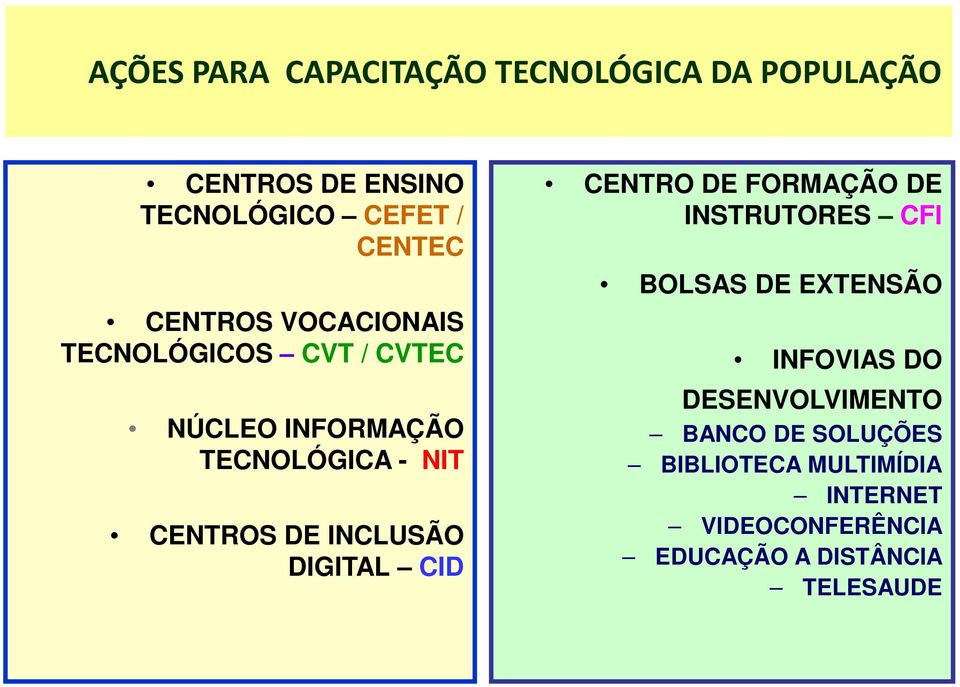 INCLUSÃO DIGITAL CID CENTRO DE FORMAÇÃO DE INSTRUTORES CFI BOLSAS DE EXTENSÃO INFOVIAS DO