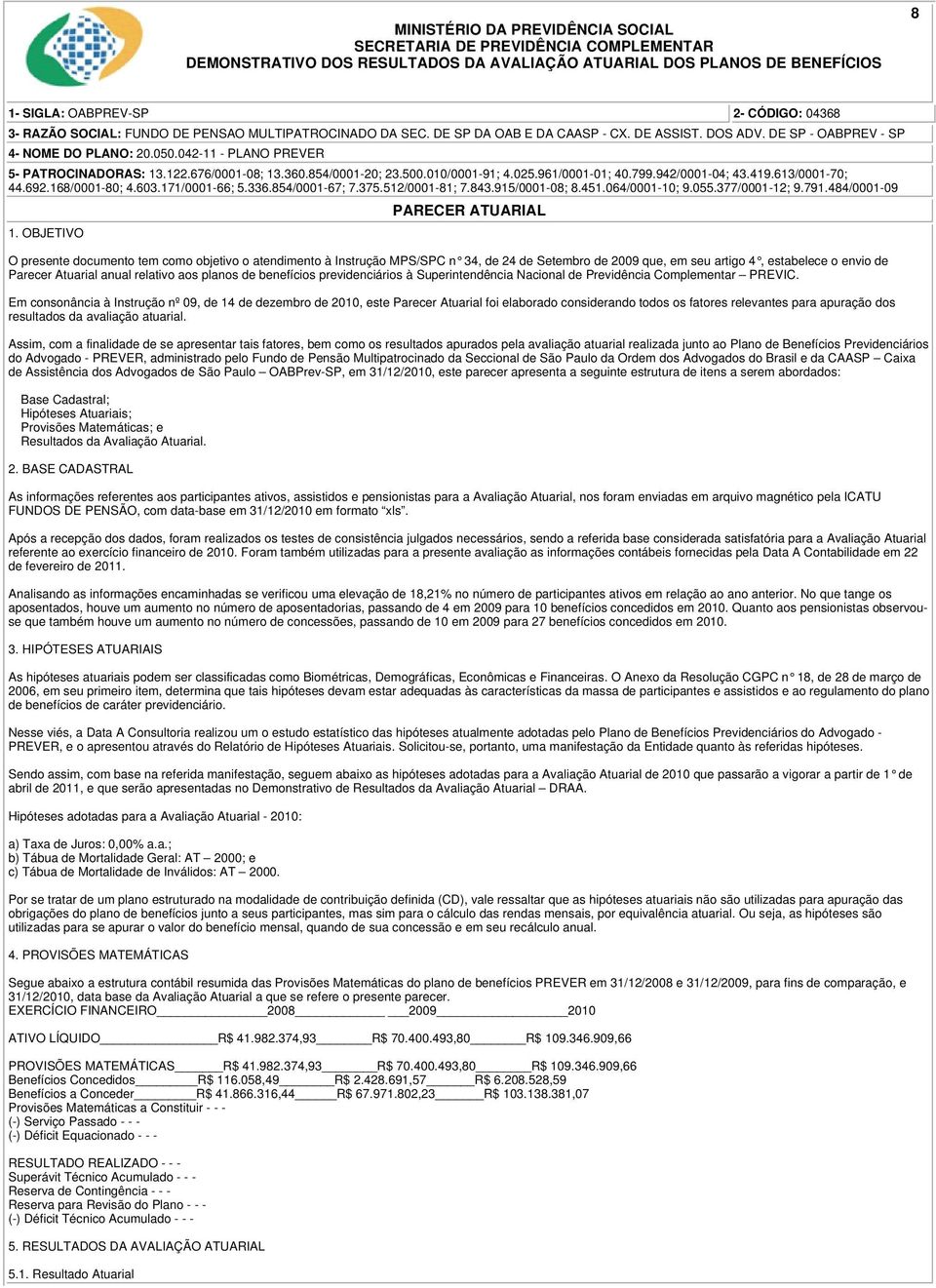 relativo aos planos de benefícios previdenciários à Superintendência Nacional de Previdência Complementar PREVIC.