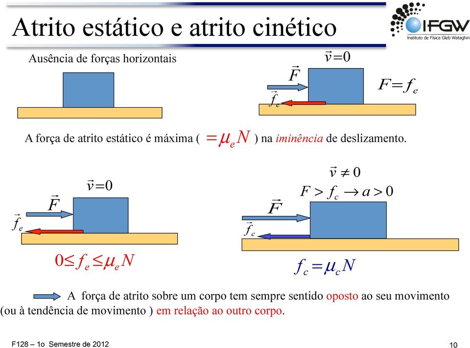 F v 0 F > f a> 0 c 0 f N µ f N c = µ c A força d atrito sobr um corpo tm smpr sntido