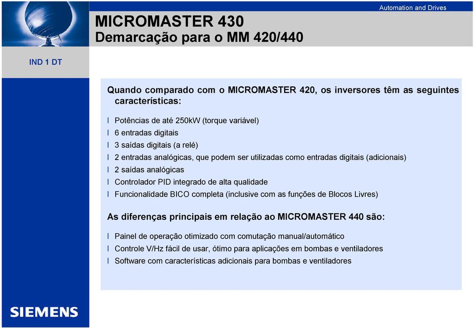 alta qualidade Funcionalidade BICO completa (inclusive com as funções de Blocos Livres) As diferenças principais em relação ao MICROMASTER 440 são: Painel de operação