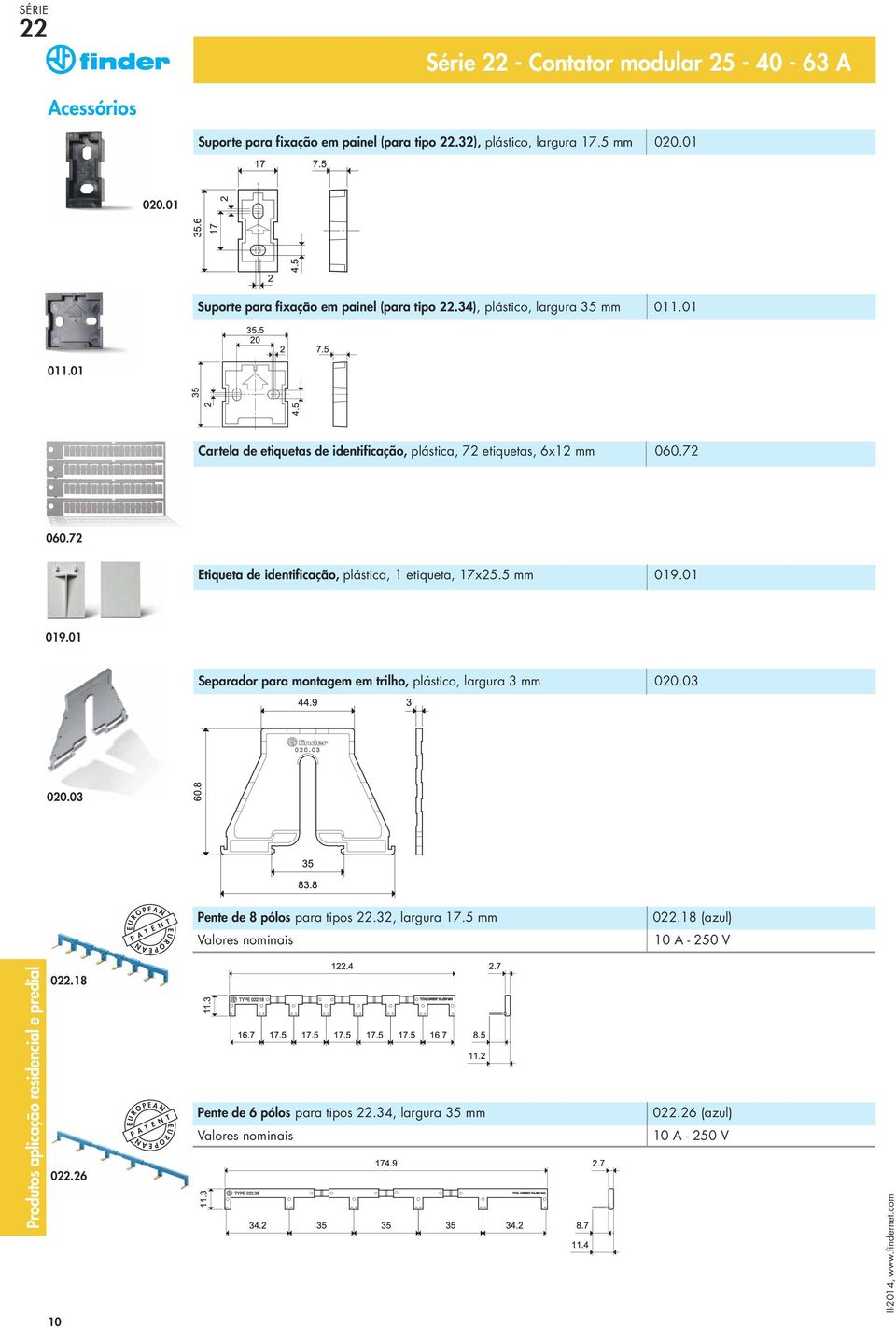 5 mm 019.01 019.01 Separador para montagem em trilho, plástico, largura 3 mm 020.03 020.03 E U R O P E A N P A T E N T E U R O P E A N Pente de 8 pólos para tipos.32, largura 17.