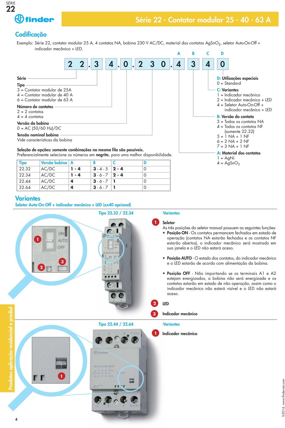 4 3 4 0 Série Tipo 3 = Contator modular de 25A 4 = Contator modular de 40 A 6 = Contator modular de 63 A Número de contatos 2 = 2 contatos 4 = 4 contatos Versão da bobina 0 = AC (50/60 Hz)/DC Tensão