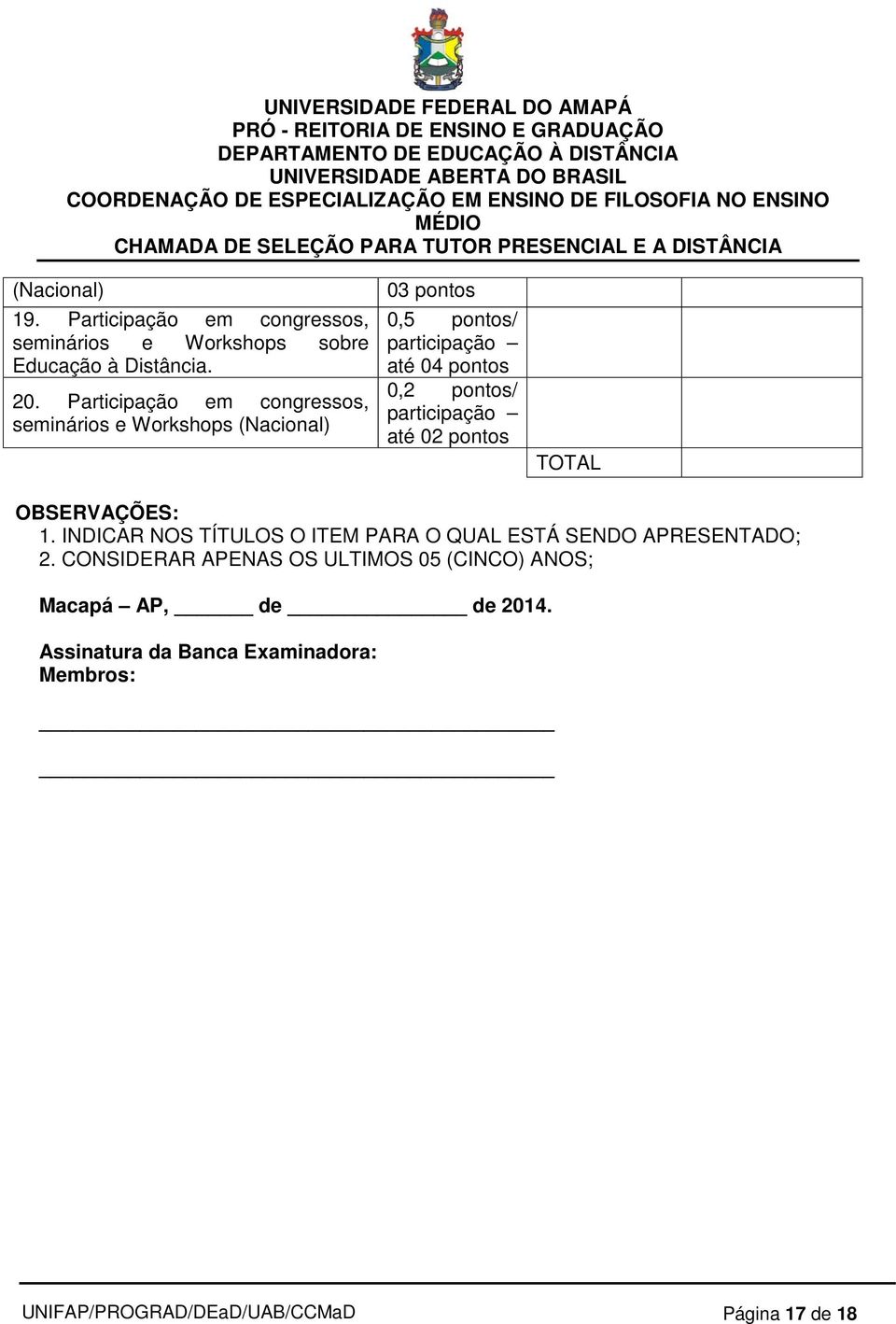 participação até 02 pontos TOTAL OBSERVAÇÕES: 1. INDICAR NOS TÍTULOS O ITEM PARA O QUAL ESTÁ SENDO APRESENTADO; 2.