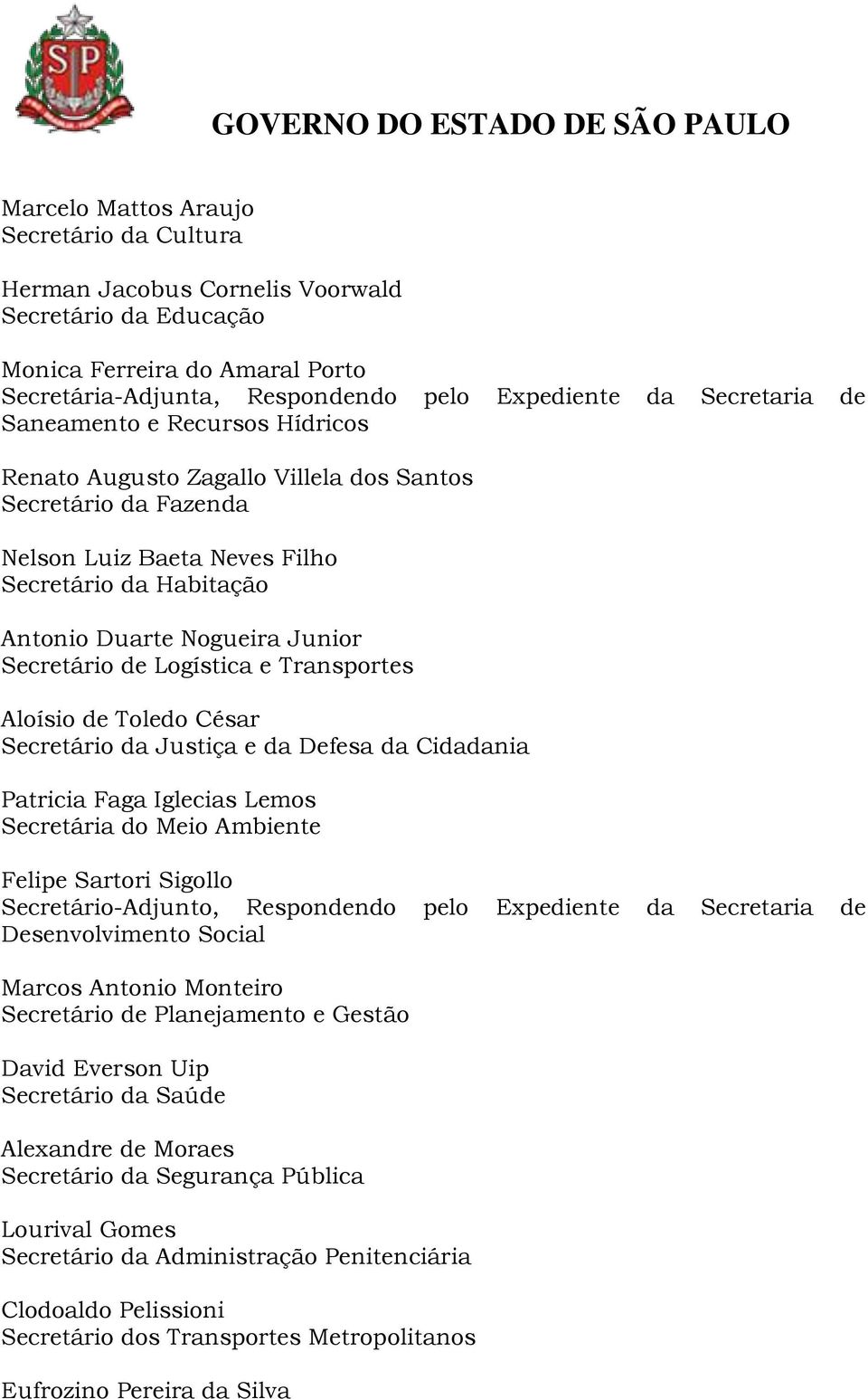 Logística e Transportes Aloísio de Toledo César Secretário da Justiça e da Defesa da Cidadania Patricia Faga Iglecias Lemos Secretária do Meio Ambiente Felipe Sartori Sigollo Secretário-Adjunto,