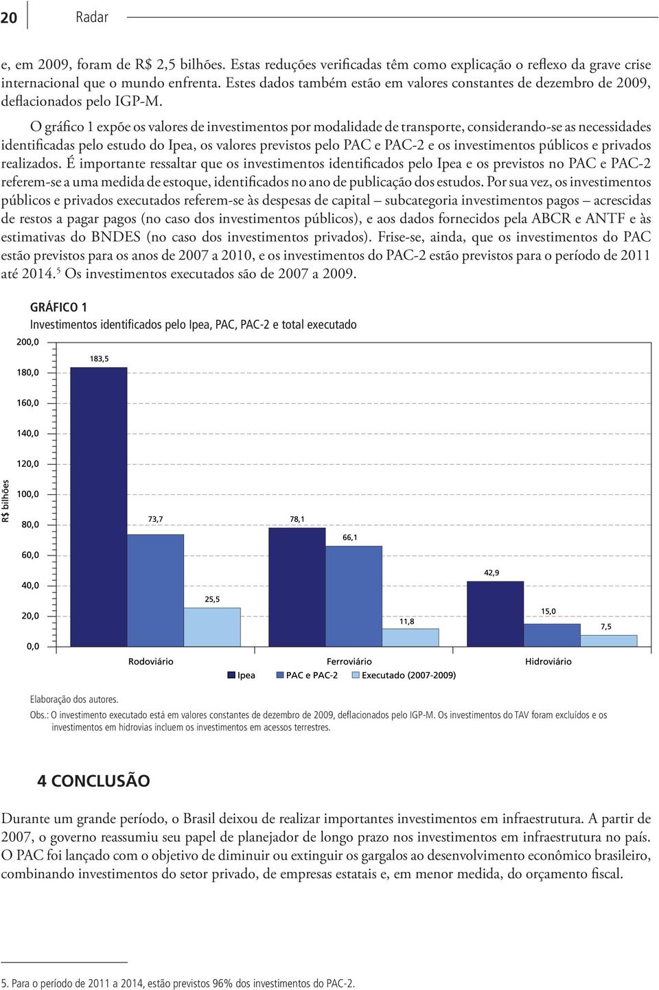 O gráfico 1 expõe os valores de investimentos por modalidade de transporte, considerando-se as necessidades identificadas pelo estudo do Ipea, os valores previstos pelo PAC e PAC-2 e os investimentos