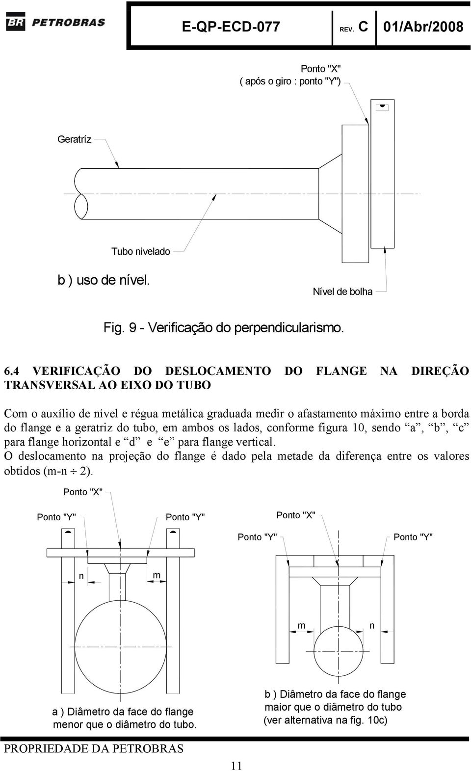 geratriz do tubo, em ambos os lados, conforme figura 10, sendo a, b, c para flange horizontal e d e e para flange vertical.