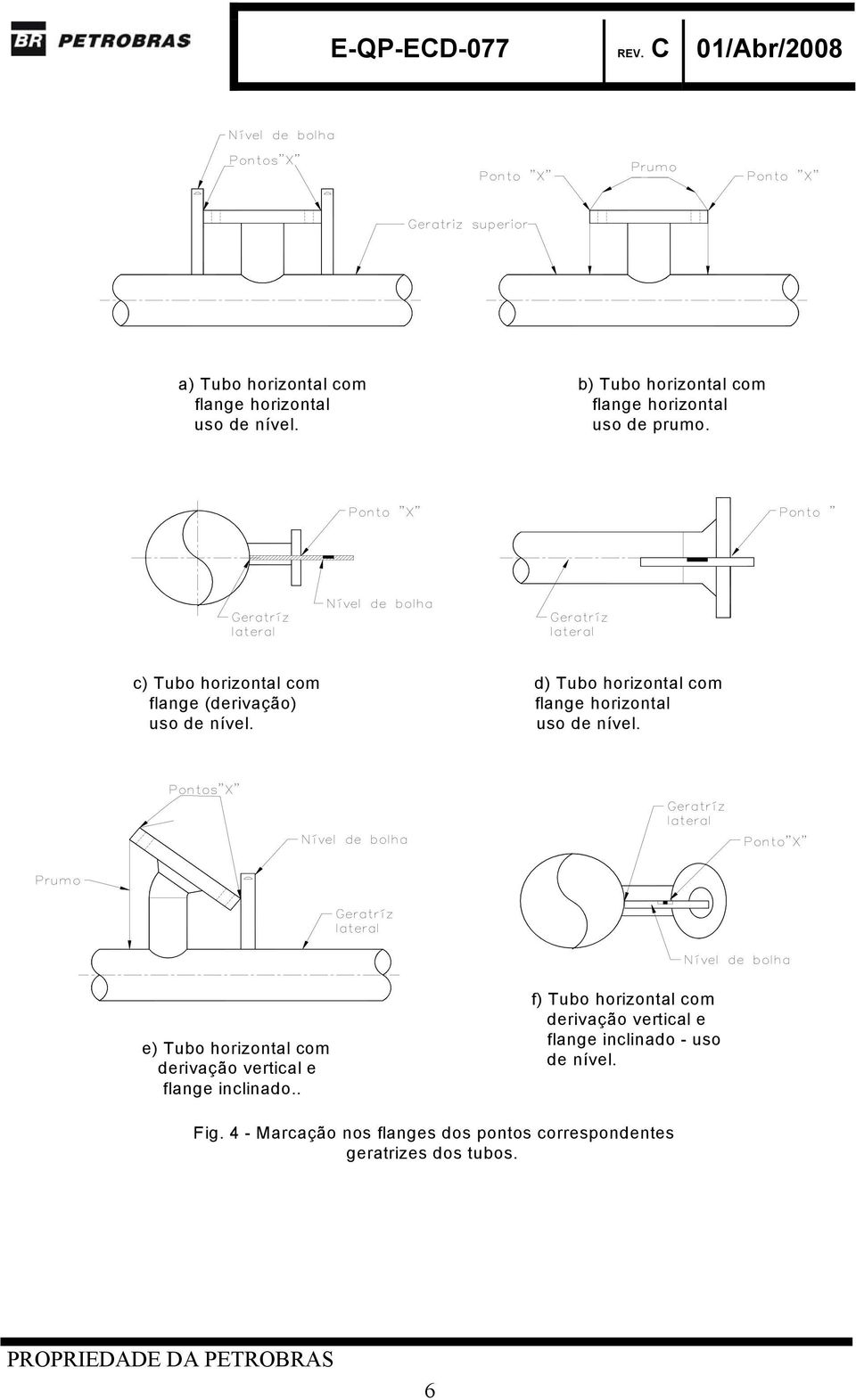 e) Tubo horizontal com derivação vertical e flange inclinado.