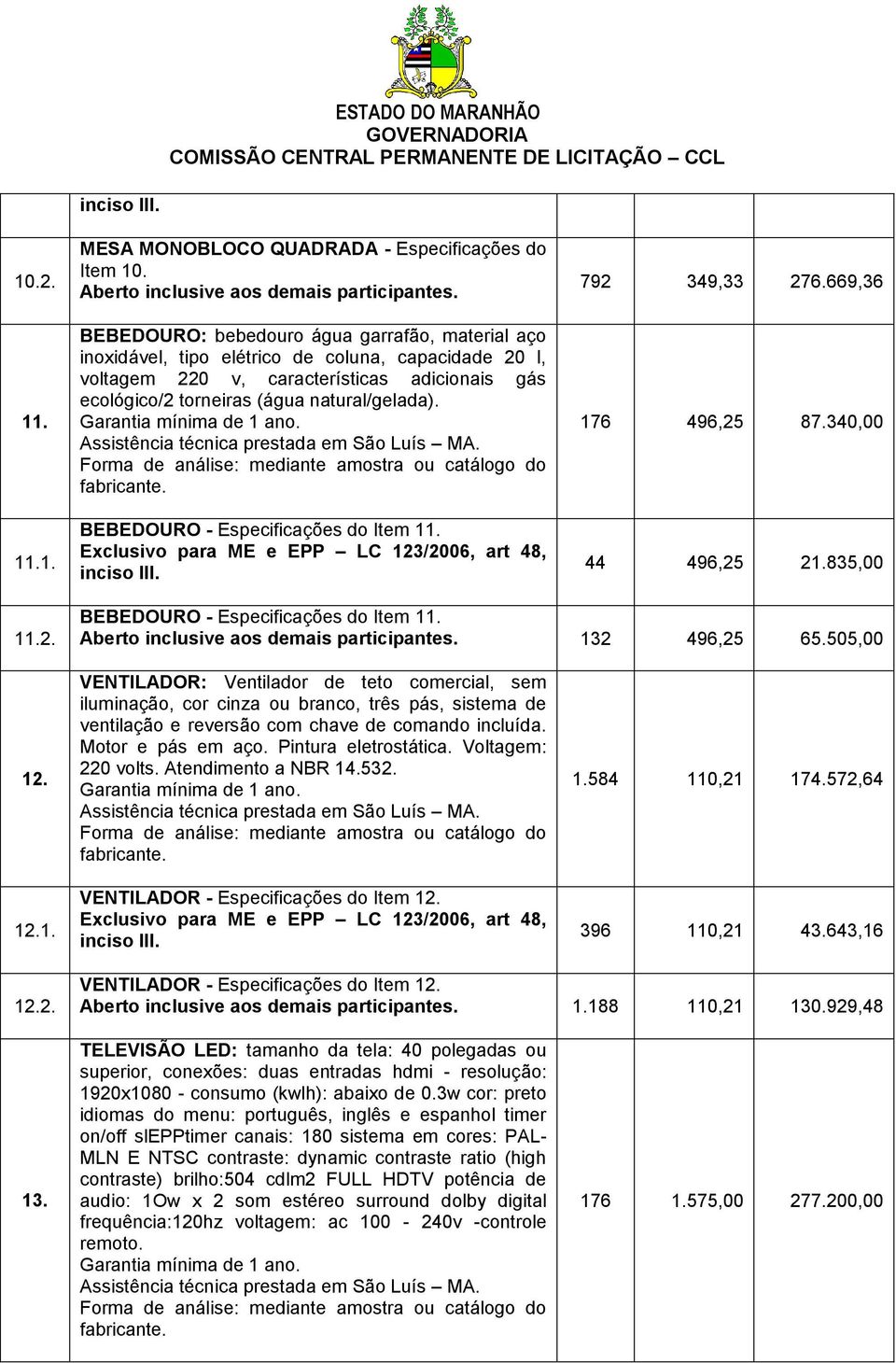 BEBEDOURO - Especificações do Item 11. 792 349,33 276.669,36 176 496,25 87.340,00 44 496,25 21.835,00 11.2. BEBEDOURO - Especificações do Item 11. Aberto inclusive aos demais participantes.