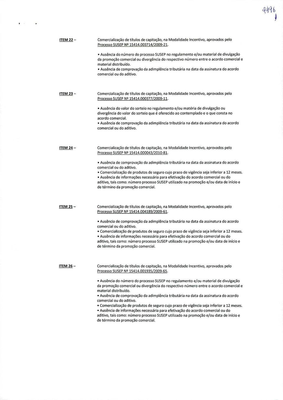 Ausência de comprovaco da adirnplência tributária na data da assinatura do acordo ITEM 23 Comercializacão de titulos de capitaco, na Modalidade Incentivo, aprovados pelo Processo SUSEP N9 15414.