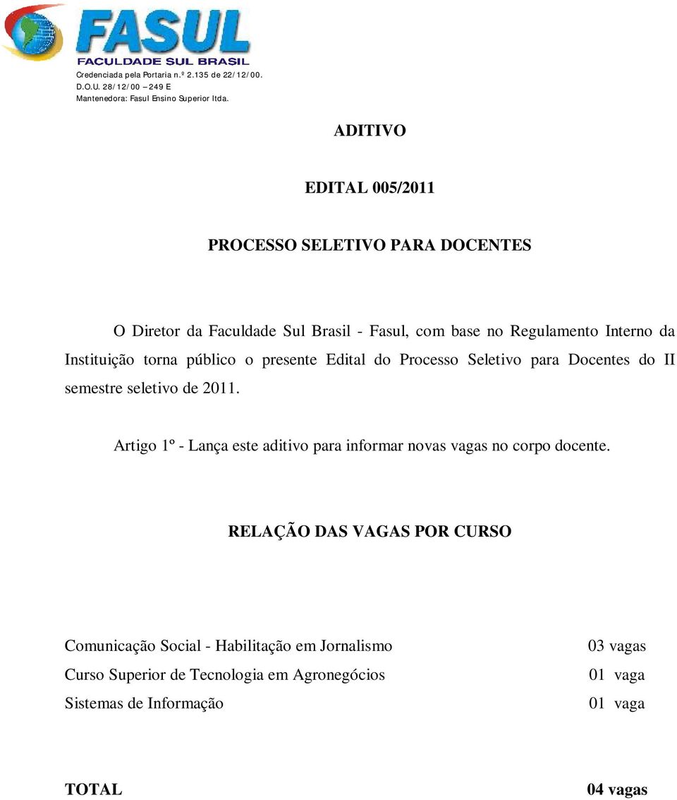 público o presente Edital do Processo Seletivo para Docentes do II semestre seletivo de 2011.