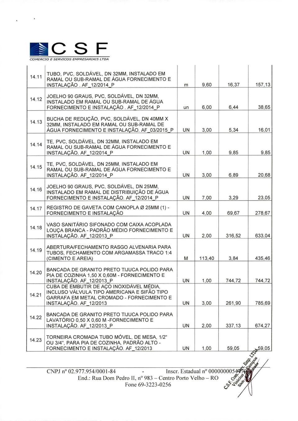 AF 12/2014 P un 6,00 6,44 38,65 BUCHA DE REDUÇÃO, PVC, SOLDÁVEL, DN 40MM X 32MM, INSTALADO EM RAMAL OU SUB-RAMAL DE ÁGUA FORNECIMENTO E INSTALACÃO.