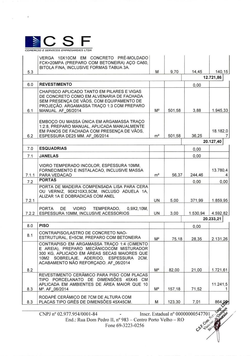 AF 06/2014 501,58 3,88 1.945,33 EMBOÇO OU MASSA ÚNICA EM ARGAMASSA TRAÇO 128, PREPARO MANUAL, APLICADA MANUALMENTE EM PANOS DE FACHADA COM PRESENÇA DE VÃOS, 18.182,0 6.2 ESPESSURA DE25 MM.