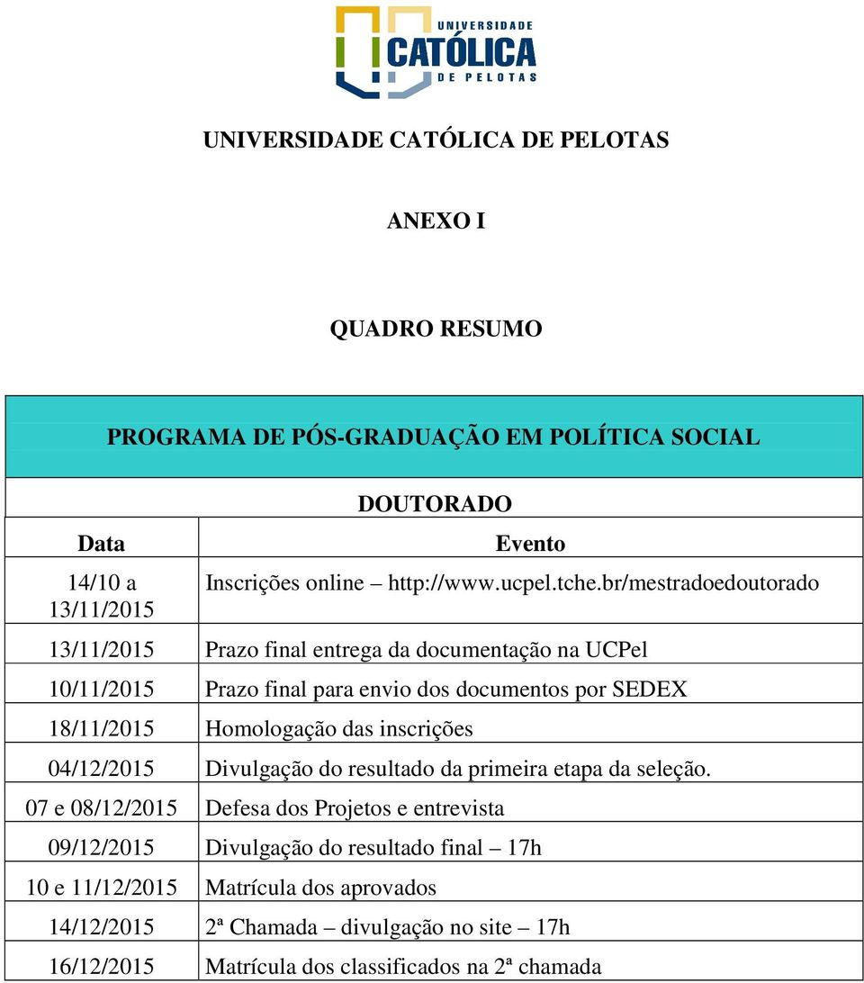 Homologação das inscrições 04/12/2015 Divulgação do resultado da primeira etapa da seleção.