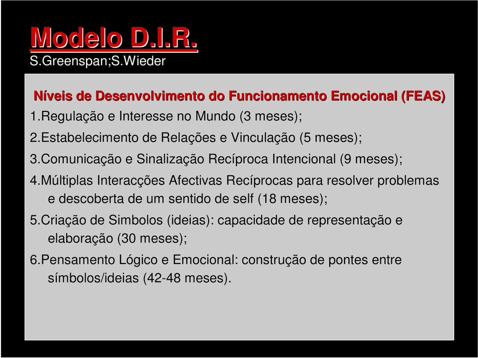 Múltiplas Interacções Afectivas Recíprocas para resolver problemas e descoberta de um sentido de self (18 meses); 5.