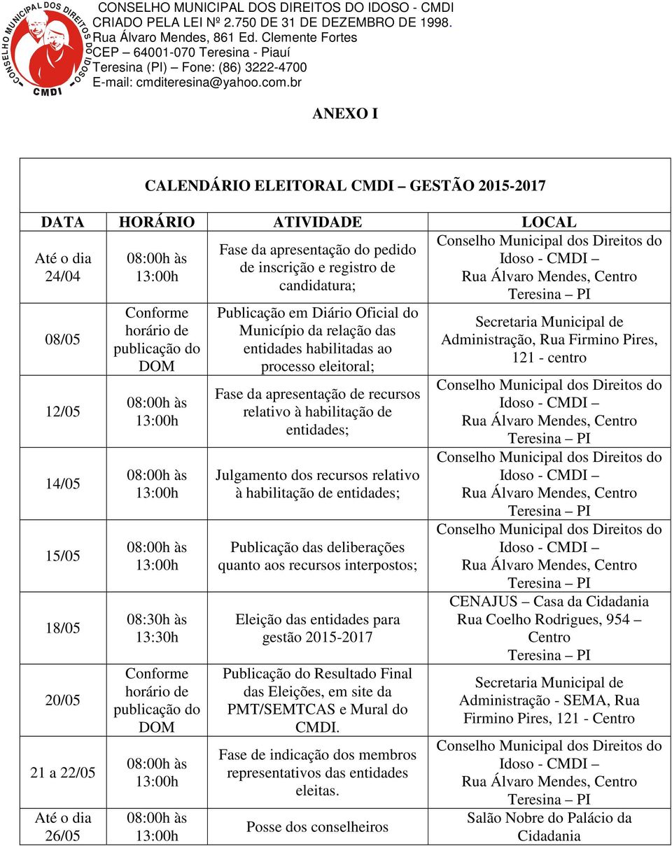 habilitadas ao processo eleitoral; Fase da apresentação de recursos relativo à habilitação de entidades; Julgamento dos recursos relativo à habilitação de entidades; Publicação das deliberações