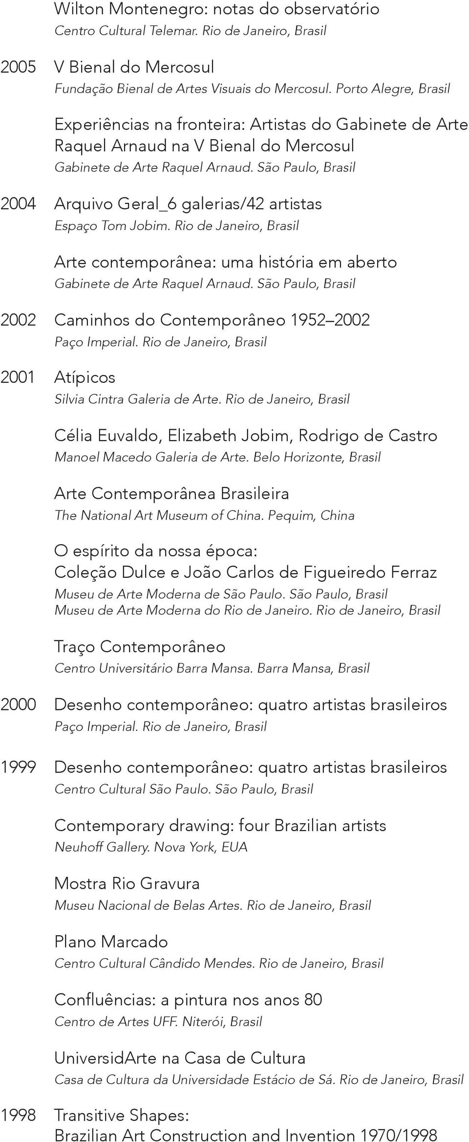 Rio de Janeiro, Brasil Arte contemporânea: uma história em aberto 2002 Caminhos do Contemporâneo 1952 2002 2001 Atípicos Silvia Cintra Galeria de Arte.