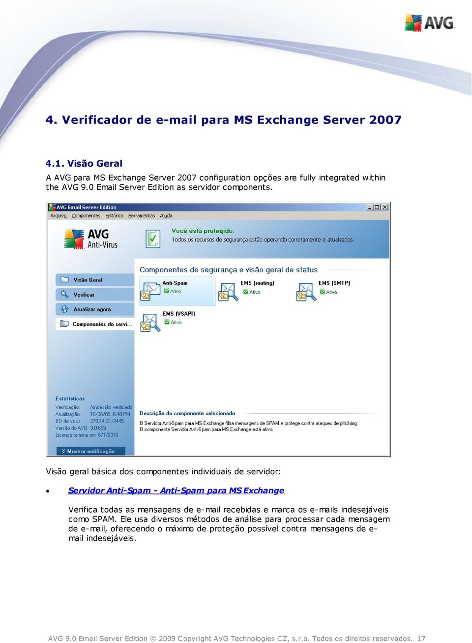 Visão geral básica dos componentes individuais de servidor: Servidor Anti-Spam - Anti-Spam para MS Exchange Verifica todas as mensagens de e-mail recebidas e marca os