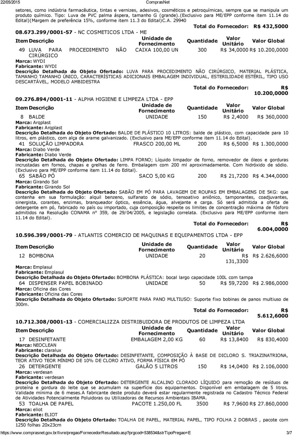 299/0001 57 NC COSMETICOS LTDA ME Global 49 LUVA PARA PROCEDIMENTO NÃO CAIXA 100,00 UN 300 R$ 34,0000 R$ 10.