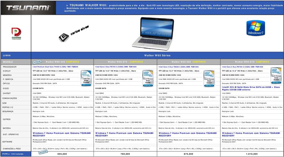 Walker W60 Séries Walker W60-445 CAMPANHA Walker W60-870 - CAMPANHA Walker W60-960 CAMPANHA Walker W60-87S CAMPANHA Intel Pentium Dual Core T4400 2.2GHz 1MB FSB800 Intel Core 2 Duo P8700 2.