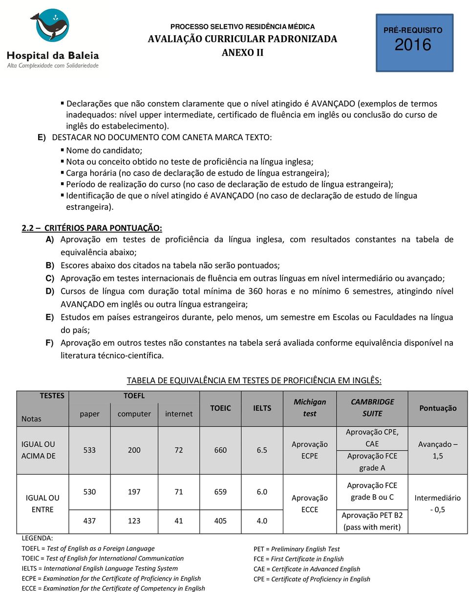 E) DESTACAR NO DOCUMENTO COM CANETA MARCA TEXTO: Nome do candidato; Nota ou conceito obtido no teste de proficiência na língua inglesa; Carga horária (no caso de declaração de estudo de língua